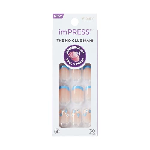 Kiss Impress No Glue Mani Press On Nails, French, 'Snooze', Blue, Short Size, Squoval Shape, Includes 30 Nails, Prep Pad, 1 Manicure Stick, 1 Mini