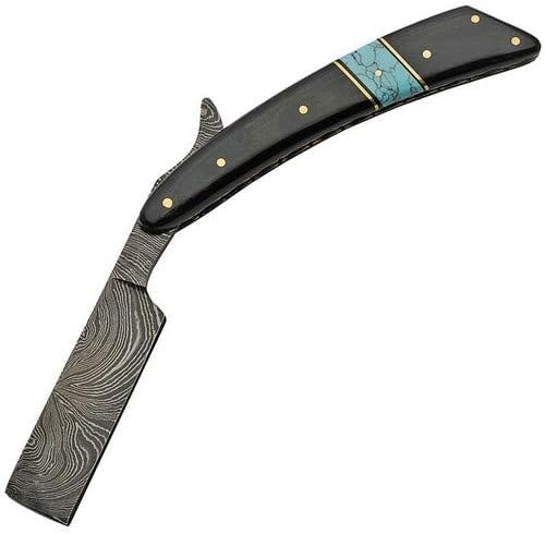 SANZ 6.25" Damascus Straight Razor - Horn & Turquoise Handle Folding Razor with Gold Lining, Handmade Damascus Steel Blade for Shaving, Barber Beauty and Personal Care SZCO