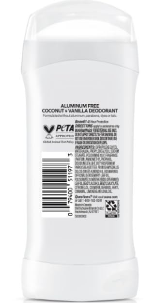 Suave Aluminum Free Deodorant for Women, Coconut & Vanilla, 48-Hour Odor Protection, Free of Talc, Parabens & Dyes 2.6 oz Beauty and Personal Care Suave