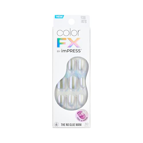 Kiss colorFX by Impress Press On Nails, Sour Love, 30 No Glue Peel and Stick Nails Kit with IMPROVED Adhesive, Silver Short Oval Pearlescent Effect