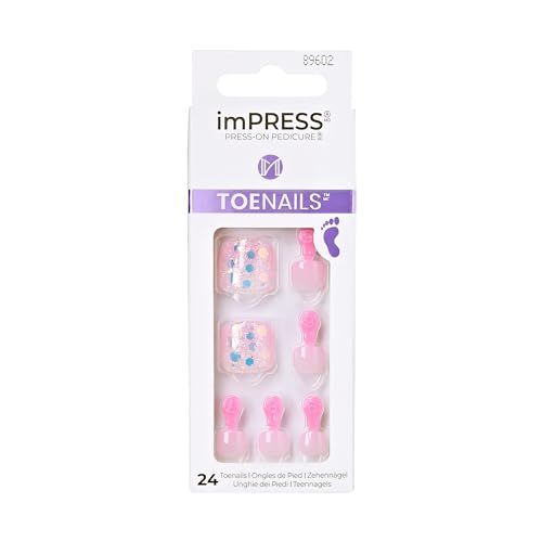 KISS Impress No Glue Pedi Press-On Toenails, Light Pink, Glitter, Squoval Shape, Includes 24 Nails, Prep Pad, 1 Manicure Stick, 1 Mini File