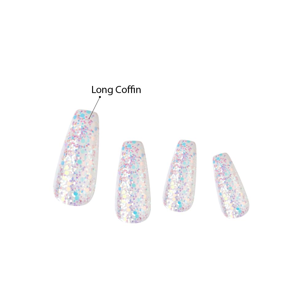 KISS False Nails Kit, Dreamdust Ready to Wear Gel Sculpted Nails, Stick and Glue Included, Long Length, Coffin Shape with White Glitter Effect