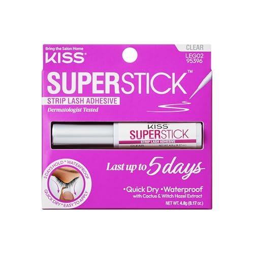 Kiss SuperStick Lash Glue for Strip Eyelashes, Clear, 0.17 Oz (4.8 g), Dermatologist-Tested, Extended Wear Lash Adhesive, Easy-to-Apply Quick-Dry