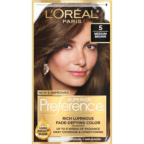 L'Oreal Paris Superior Preference Luminous Fade-Defying Permanent Hair Color, Hair Dye For Up to 9 Weeks of Radiance, Medium Brown 5, 1 Hair Dye Kit Beauty & Personal Care L'Oreal Paris