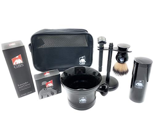 G.B.S Grooming Gift Set - Black Adjustable Double Edge Safety Razor, Shaving Mug, Shave Brush Razor Stand, Razor, Travel Toiletry Bag, Lavender Beauty and Personal Care G.B.S