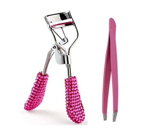 Millan Collection Bling Crystal Rhinestone Eyelash Curler with Slant Tip Tweezers - Lash Curler to Curl Lashes Dramatic Long Lasting Seamless Curls