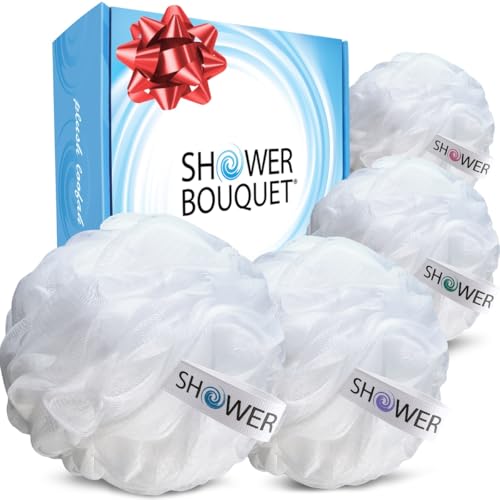 SHOWER BOUQUET Loofah Soft-White-Cloud XL Bath-Sponge 4-Pack // Extra Large 75g Mesh Loofa Lufa Pouf Set for Men and Women - Exfoliate with Big Gentle Beauty & Personal Care Shower Bouquet