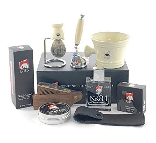 G.B.S Men’s Shaving Kit- 5 Blade Razor w/Stand, Cologne, Shaving Mug Knob Handle, Badger Brush w/Stand, Sandalwood Aftershave, Hair Wax w/Folding Comb Beauty and Personal Care G.B.S