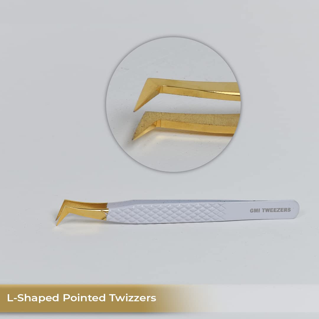 2pcs White Straight and L-Shaped (Boot) Gold Pointed Eyelash Tweezers for Lash Extension - Stainless Steel Precision Tweezers for Volume and Classic Beauty & Personal Care GMI TWEEZERS