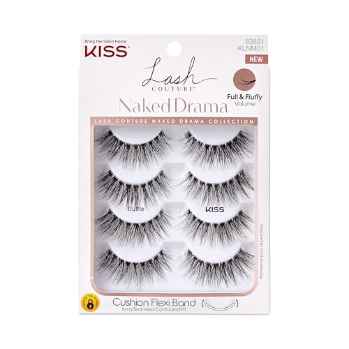 KISS Lash Couture Naked Drama Collection False Eyelashes Multipack 01 with Cushion Flexi Band, Style 'Ruffle', Full & Fluffy Volume, 4 Pairs Fake