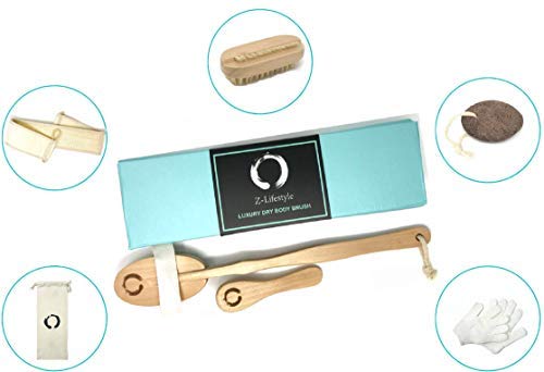 Premium Dry Body Brush Set - Natural Body Brush, Face Brush, Loofah Back Exfoliation, Nail Brush, Pumice Stone, Shower Exfoliation Gloves & Custom Beauty and Personal Care Z-Lifestyle