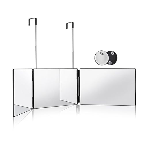 HIEEY 3 Way Mirror for Hair Cutting,360 Trifold Mirror with Height Adjustable Telescoping Hooks,and 5X Magnification,for Makeup, Hair Styling Beauty & Personal Care HIEEY