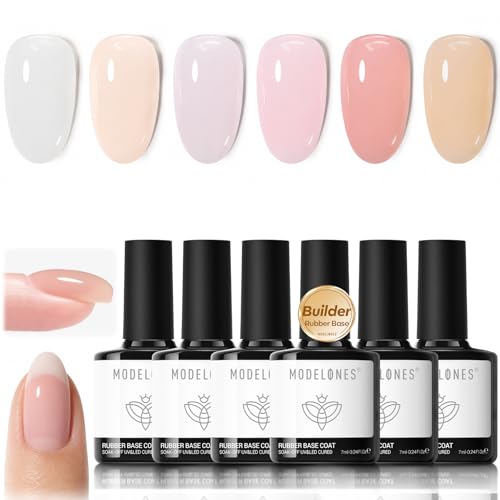modelones Rubber Base Gel Nail Polish Set 6 French Tip Base Color Nude White Baby Milky Pink Strengthener Apex Building Extension Protect Weak Nails Beauty and Personal Care modelones Default Title