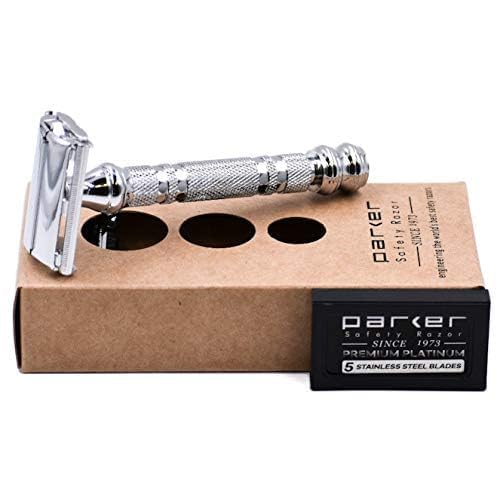 Parker 66R Long Handle Butterfly Safety Razor - Twist-to-Open Brass Frame with Textured Chrome Finish for Close, Comfortable Shaves - 5 Blades Beauty and Personal Care Parker Safety Razor