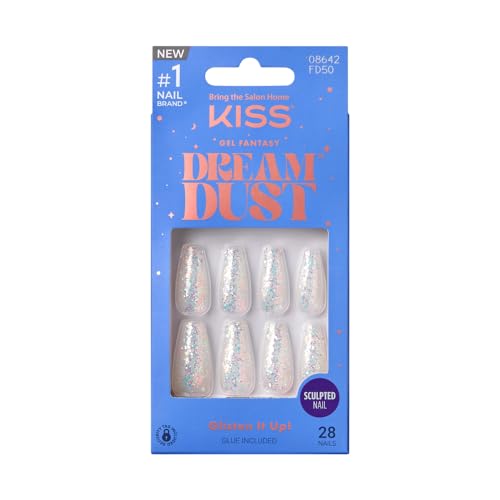 KISS False Nails Kit, Dreamdust Ready to Wear Gel Sculpted Nails, Stick and Glue Included, Long Length, Coffin Shape with White Glitter Effect