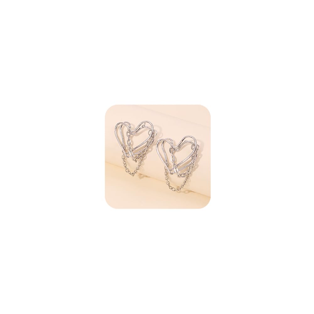 JWICOS Tassel Chain Drop Dangle Double Layer Big Heart Hoop Earrings for Women Punk Style (Silver) Beauty & Personal Care JWICOS