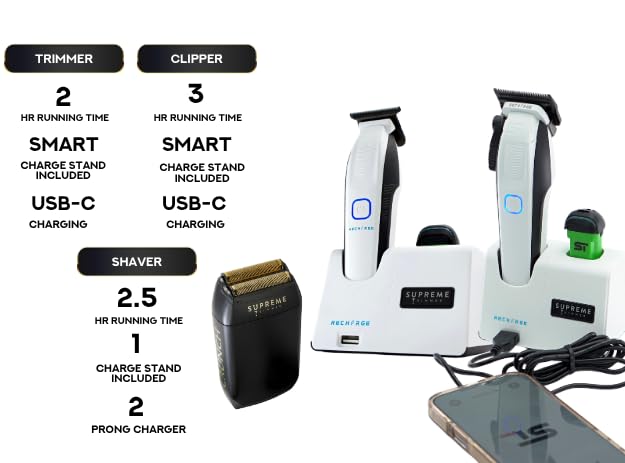 Supreme Trimmer 3-in-1 Recharge Hair Clipper, Beard Trimmer & Crunch Foil Shaver Combo - Removable Batteries, Smart USB Charging Base, Master Barber Beauty and Personal Care Supreme Trimmer