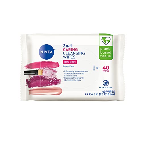 NIVEA 3in1 Caring Cleansing Wipes for Face and Eyes, Effective as a Waterproof Makeup Remover, Gentle Facial Cleanser for Dry and Sensitive Skin, 40 Beauty & Personal Care NIVEA