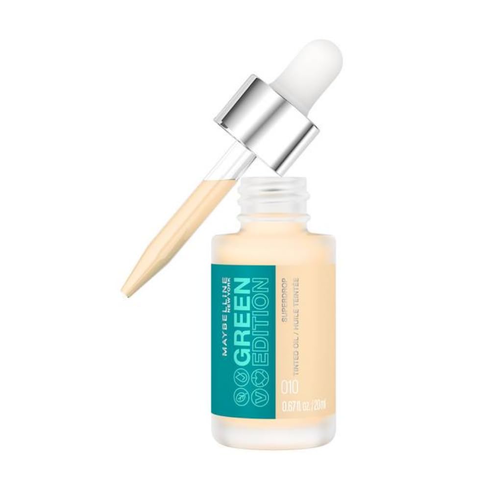 Maybelline Green Edition Superdrop Tinted Oil Base Makeup, Adjustable Natural Coverage Foundation Formulated With Jojoba & Marula Oil, 10, 1 Count
