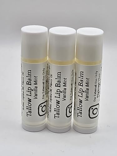 Tallow Lip Balm (3 Pack) (Vanilla Mint) Handmade Natural Grass Fed Beef Tallow Lip Balm with Nourishing Oils Beauty and Personal Care Pilgrimage Vibes