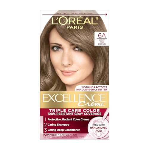 L'Oreal Paris Excellence Crème Permanent Hair Dye, Triple Care Hair Color with Hyaluronic Acid for 100% Gray Coverage, 6A Light Ash Brown, 1 Kit Beauty & Personal Care L'Oreal Paris