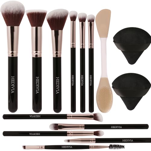 HEDIVIA Black Makeup Brushes Set 14 Pcs Professional, Premium Synthetic Foundation Makeup Brush Concealer Powder Blush Eyeshadow Brushes with 2 Powder Beauty and Personal Care HEDIVIA Default Title