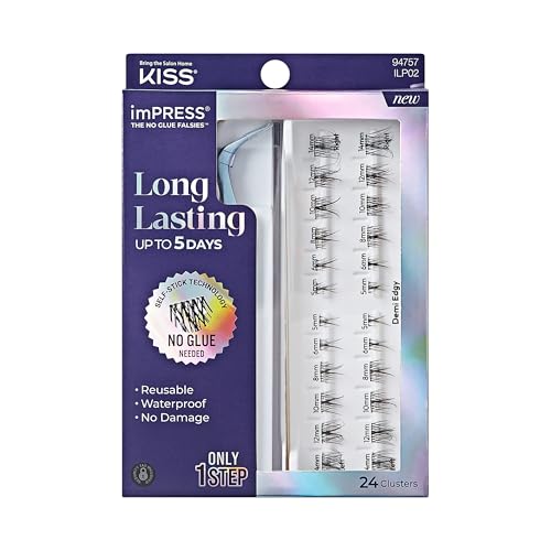 Kiss Impress Falsies Long Lasting Self Adhesive Eyelashes, ‘Demi Edgy’, 5 Day Extended Wear, 24 Natural Volume Lash Clusters (5,6,8,10,12, & 14mm)