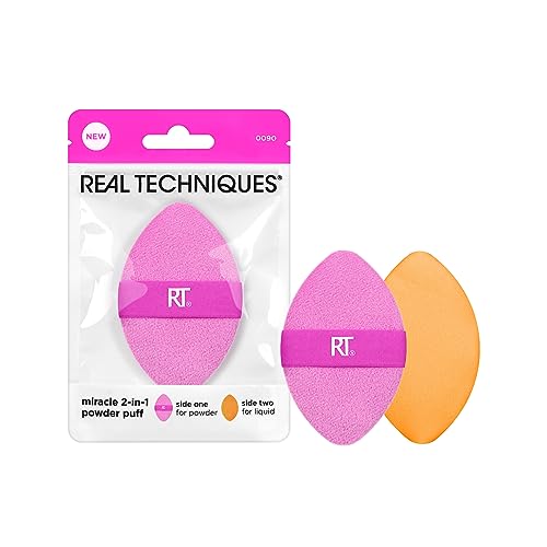 Real Techniques Miracle 2-In-1 Powder Puff, Dual-Sided, Full-Size Makeup Blending Puff, Reversible Elastic Band, Precision Tip Makeup Sponge & Powder Beauty & Personal Care Real Techniques