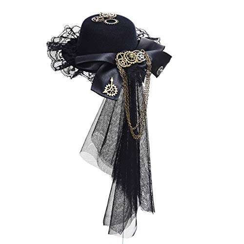 Womens Girls Vintage Lace Veil Tassels Steampunk Hair Clip Gears Bow-tie Mini Top Hat Gothic Lolita Fedoras Headwear