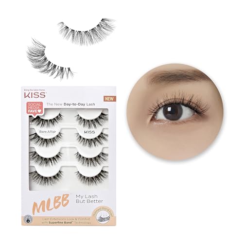 Kiss MLBB False Eyelashes, My Lash But Better, Bare Affair, 4 Pairs, 12mm, Lightweight, Stylish, Wispy Everyday Wear Strip Lashes, Superfine Band