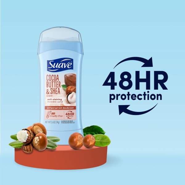 Suave Deodorant Women, Antiperspirant, Cocoa Shea Butter, 48-Hour Odor & Wetness Protection, with Essential Oils, Anti-staining, no Baking soda 2.6 oz Beauty and Personal Care Suave