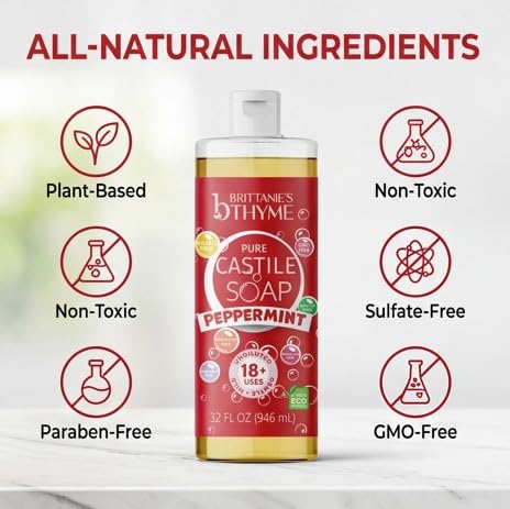 Brittanie's Thyme Pure Castile Liquid Soap Refill (Peppermint, 32 oz Pack of 2) | For Hair & Body, Gentle and Pure, Made with Natural Luxurious Oils Beauty & Personal Care Brittanie's Thyme