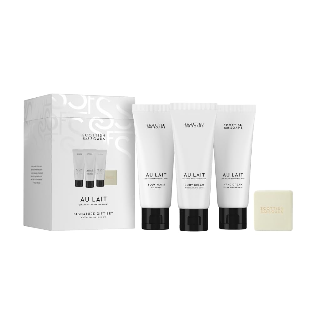 Scottish Fine Soaps Au Lait Luxury Gift Set, Body Wash, Body Cream, Hand Cream with Chocolate, Coconut, Sandalwood Fragrance, Vegan Beauty and Personal Care Scottish Fine Soaps