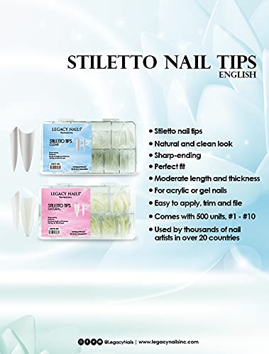 Legacy Nails Professional Nail Tips - Ideal for Acrylic, Gel or Smart Builder Gel Nails (Stiletto, Natural)