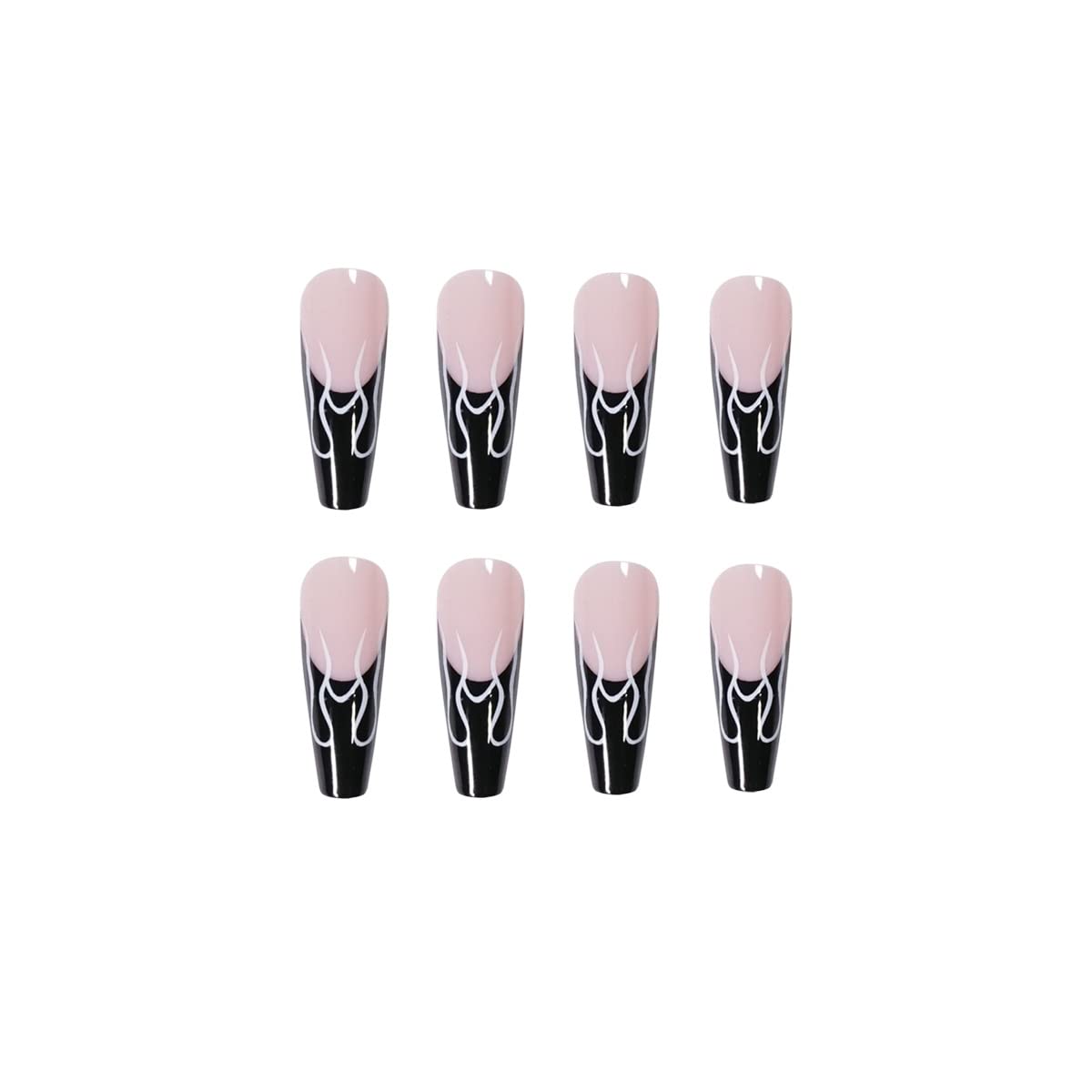 BABALAL Long Press on Nails Coffin Fake Nails Black French Tip Glue on Nails Glossy Acrylic Nails Gothic Falme Design Ballerina False Nails for Women Beauty & Personal Care BABALAL