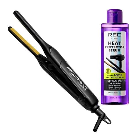 RED by KISS 2 Pcs Styling Set, 0.3” Ceramic Tourmaline Pencil Flat Iron & 6 Fl Oz Heat Protectant Hair Serum with Castor & Coconut Oil, for Edges Beauty & Personal Care Red by Kiss