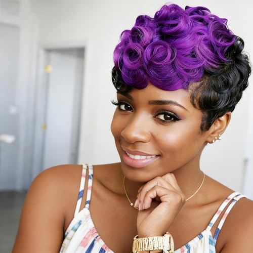 Naseily Short Black And Purple Wig Short Curly 2 Tones Synthetic Wigs For Black Women Natural Short Hair Wig