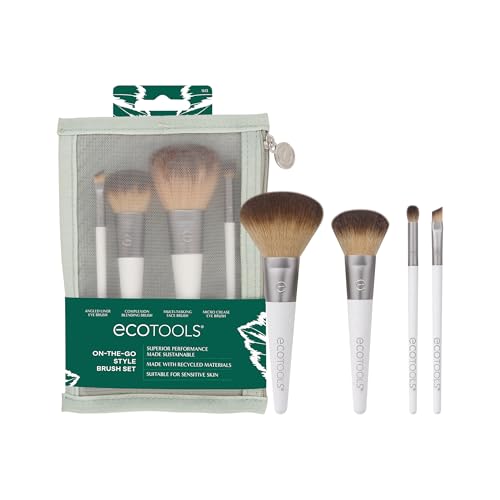 EcoTools On-The-Go Makeup Brush Kit, Travel-Friendly Brush Set, Mini-Size Makeup Tools for Powders, Blush, Bronzer, & Eyeshadows, Eco-Friendly Beauty & Personal Care EcoTools