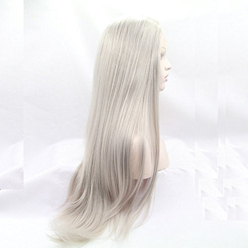 xiweiya Long Straight Silver Platinum Blonde Lace Front Lace Wigs Synthetic Ash Blonde Straight Heat Resistant Fiber Wigs Middle Parting Wig for Women