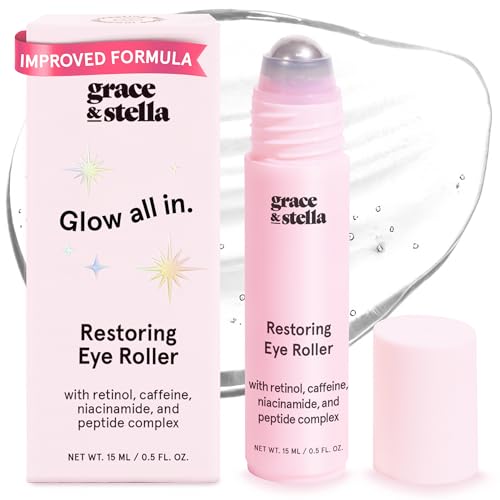 grace & stella Under Eye Brightener Roller - Airplane Travel Essentials - Travel Size Toiletries - Retinol & Caffeine Eye Serum for Puffiness, Dark Beauty & Personal Care grace & stella