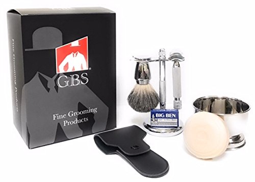 G.B.S Stylish Shaving Set, Tall Heavy Duty Knurled Slant Razor, Chrome Shaving Bowl, Natural Shaving Soap, Razor Case, Brush and Razor Stand, 10 Beauty and Personal Care G.B.S