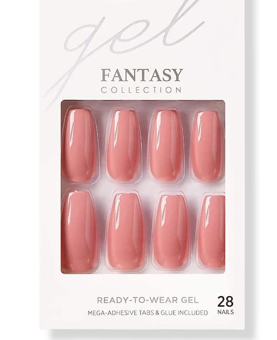 Kiss Gel Fantasy Collection Fake Nails Manicure Set, Pink, Long Length, Coffin Shaped, Style 'Urbane', with Mini Nail File, Pink Gel Nail Glue & 28