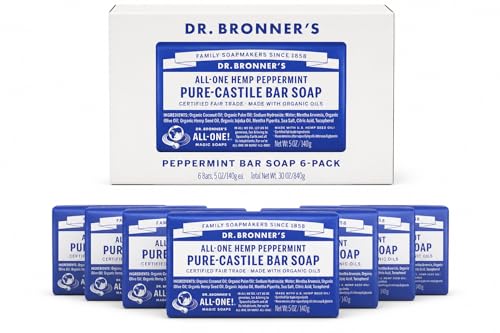 Dr Bronner's Pure Castille Peppermint Bar Soap, 5 Ounce (Pack of 6) Beauty & Personal Care Dr. Bronner's
