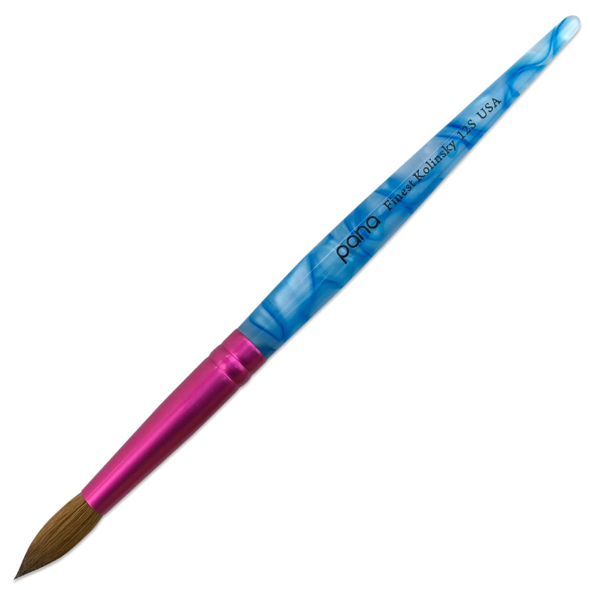 PANA USA Acrylic Nail Brush Pure Kolinsky Hair Acrylic White Swirl Blue Handle with Pink Ferrule Round Shaped - Size 12