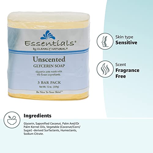 Clearly Natural Essentials Glycerin Bar Soap, Unscented, 4 Ounce, Pack of 3 (Packaging May Vary) Beauty & Personal Care Clearly Natural