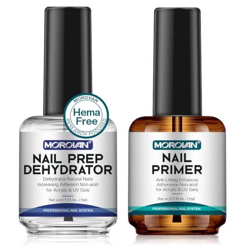 Morovan Professional Natural Nail Prep Dehydrate and Acid-Free Primer, Dehydrator for Acrylic and Gel Nail Polish, Non Acid Primer for UV Gels Fast