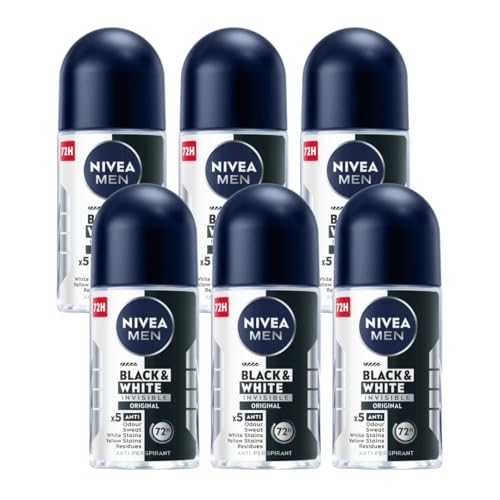 NIVEA Men Roll-On Deodorant Invisible Black & White Original, 72H Anti-Perspirant Protection, Fights Sweat & Body Odor, No White or Yellow Marks on Beauty and Personal Care NIVEA