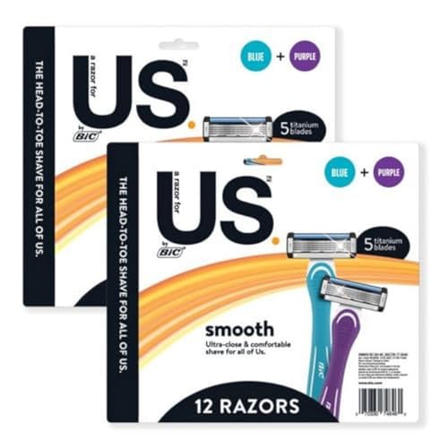 BIC Us. 5-Blade Unisex Disposable Razors For Men and Women, Lubrication Strip For a Smooth, Close Shave, 12-Count Beauty and Personal Care BIC