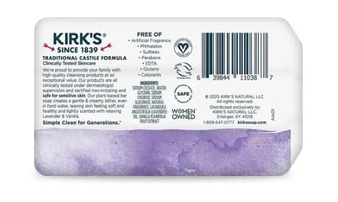 Kirk's 100% Premium Coconut Oil Castile Bar Soap, Lavender & Vanilla, 3 Bars, 4 oz (113 g) Each Beauty & Personal Care Kirk's