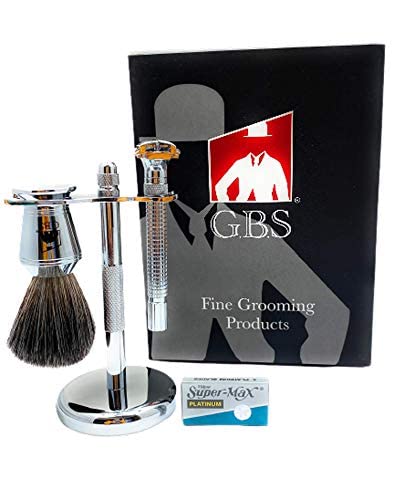 G.B.S Premium Men’s Shaving Grooming Set, Adjustable Butterfly Open Double Edge Safety Razor, Pure Badger Shaving Brush, Chrome Brush and Razor Stand Beauty and Personal Care G.B.S